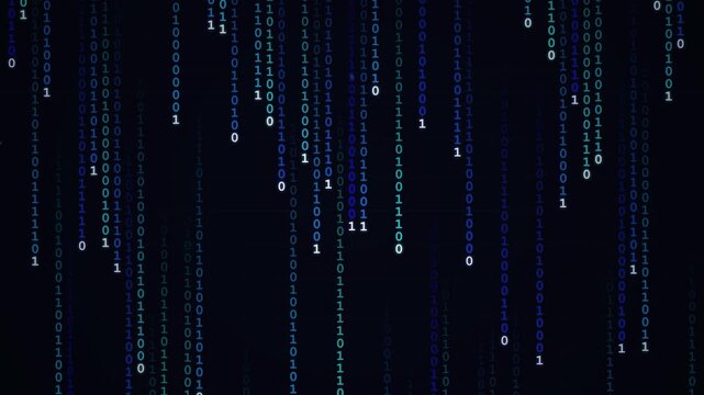 Digital binary code falling in blue columns on a dark background