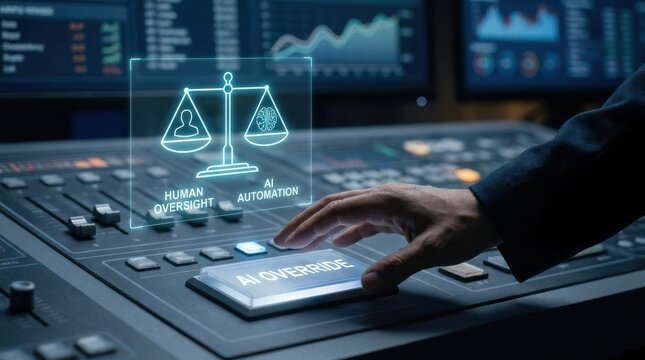 Human oversight + AI automation: Control room with sliders and screens, human hand hovering over an AI override button