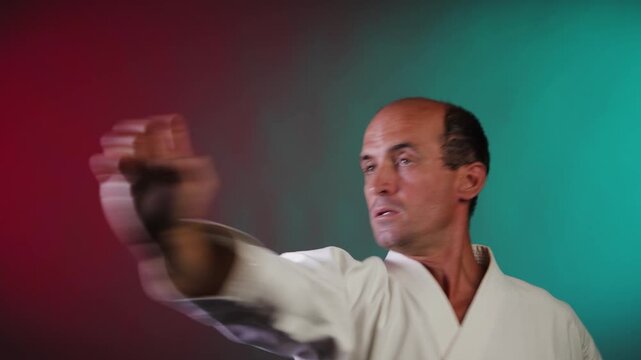 A young athlete practices punches and blocks with his hands against a multi-colored background with flashing red and green lights