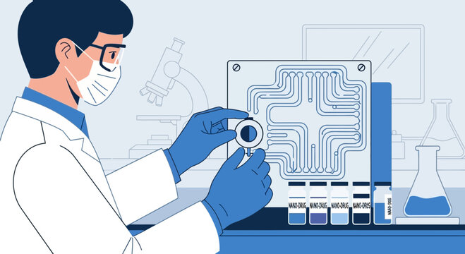Scientist examining microfluidic chip with samples in laboratory, research and development
