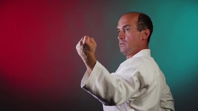 A young athlete punches and blocks with his hands against a multi-colored background with flashing red and green lights