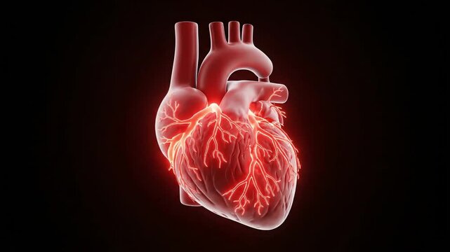 3D rendered illustration of a glowing human heart pumping with visible arteries and veins, representing cardiovascular health and medical concepts.