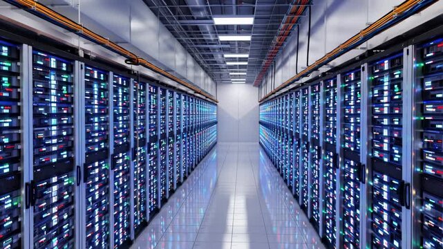 Rows of computer servers in a data center with glowing lights and cables