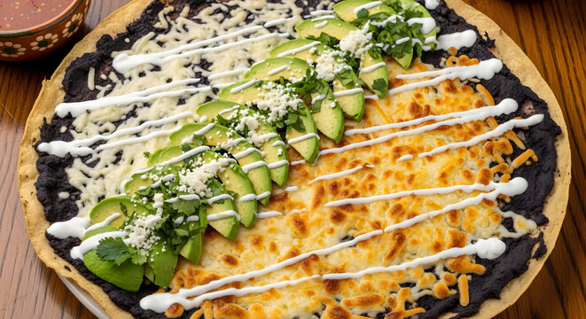 Tlayuda topped with sliced avocado and melted cheese rests on a wooden surface.