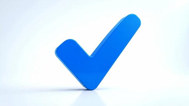 Blue Check Mark Icon on Light Background - A 3D video of a blue check mark symbol, representing approval or verification, set against a soft light backdrop.