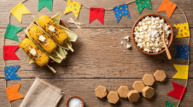 Flat lay Festa Junina foods with corn, popcorn and pa&ccedil;oca on rustic table
