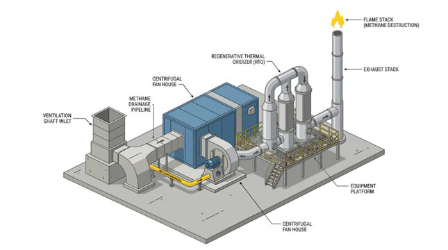 Detailed diagram of an industrial facility for methane destruction and gas processing, including a biooxidative thermal oxidizer and flare stack.