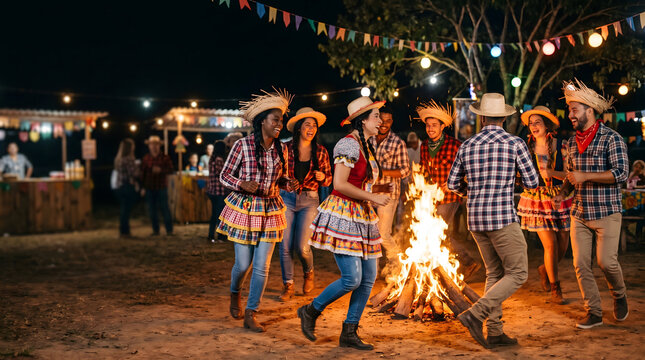 Diverse friends dancing around bonfire at festa junina joyful night celebration