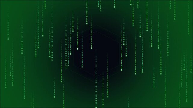 Digital matrix background with falling green binary code numbers in data