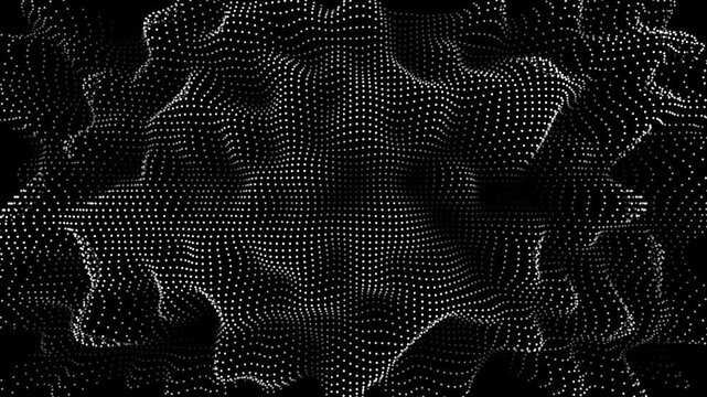 High-quality 4K seamless loop motion graphic featuring an abstract terrain of glowing white particles. The video displays smooth, rhythmic wave ripples moving across a dark background.