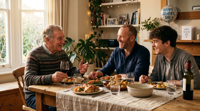 Three generations of men laughing and sharing a meal together at a dining table during a Father's Day celebration