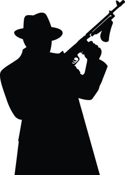 Silhouette of Man in Hat Holding Tommy Gun fedora trench coat