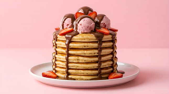 Pancake Stack with Ice Cream on pink Background