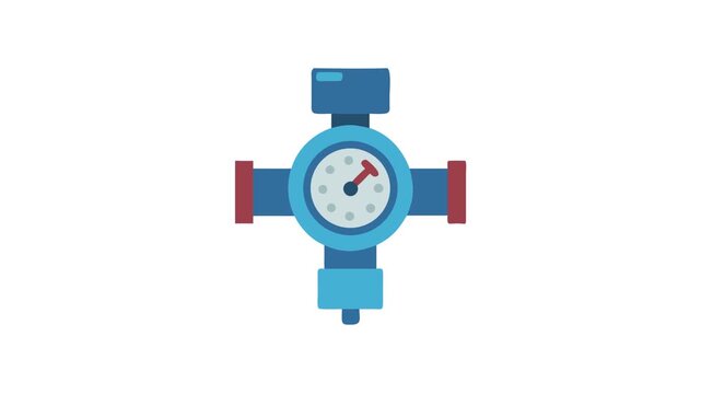 Blue industrial gauge with red indicator and pipe connections