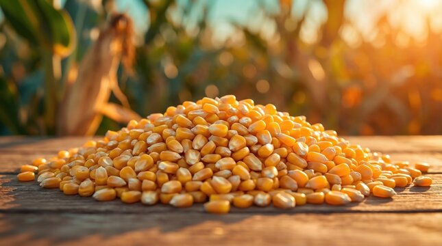 Corn kernels cover a wooden table in a field during autumn. The sun sets in the background, casting warm light on the scene. Nearby corn plants are visible in the field