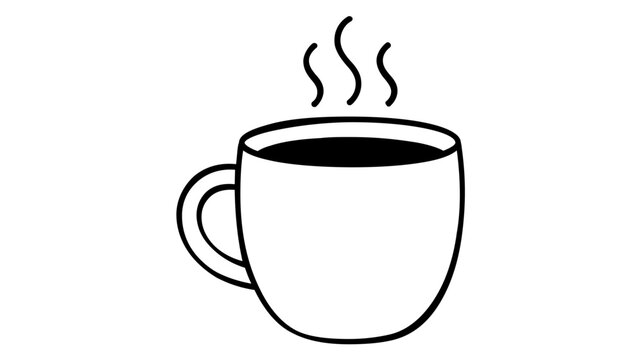White ceramic coffee mug vector icon with steaming dark hot coffee inside, minimalist illustration for morning routine, travel lifestyle, and office beverage logistics, clean background.