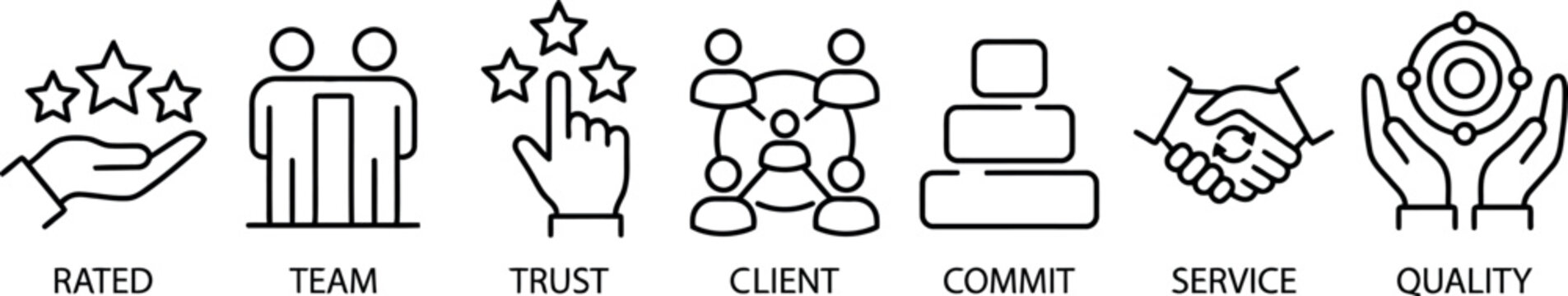 Business core values line icons set rated, team, trust, client, commit, service, quality isolated on white background