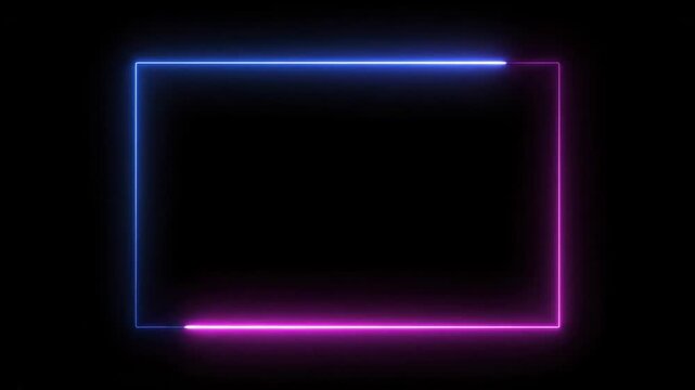 A vibrant rectangle comprised of neon lights in shades of pink and blue stands out against a black background. Simple, geometric design