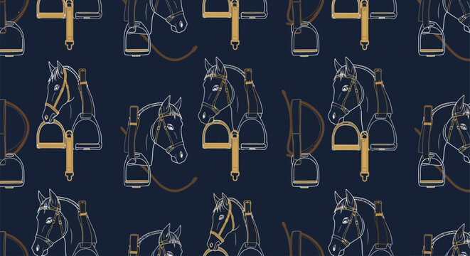 seamless horse head and stirrup pattern on navy blue background
