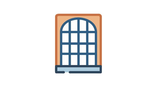 Arched window illustration with blue grid and orange frame