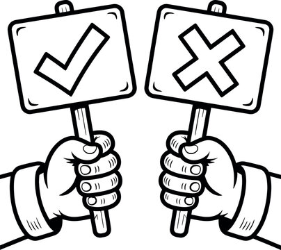 Hands holding signs with checkmark and cross symbols opinion poll selection process checkmark incorrect decision illustration opposition