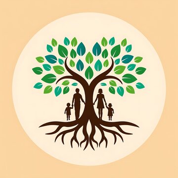 Family people standing under tree with green leaves and roots  symbol of unity and growth