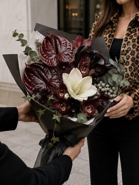 Moody Anthurium Bouquet Given To Leopard Jacket Woman for Fashion Editorial