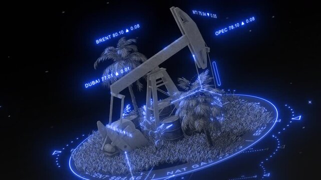 Futuristic Oil Pump jack with Energy Market Data and Commodity Trading Interface