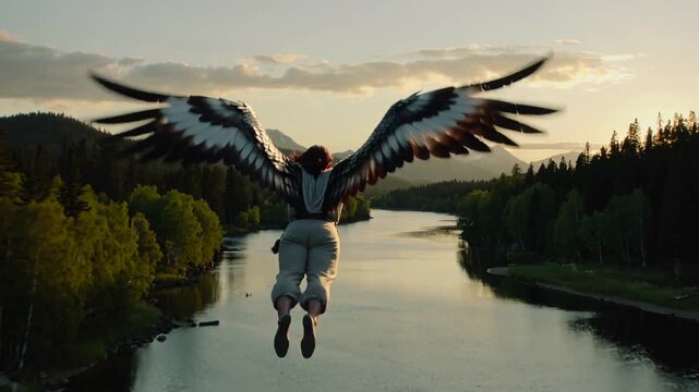 Fantasy woman with eagle wings flying over a river at sunset in nature