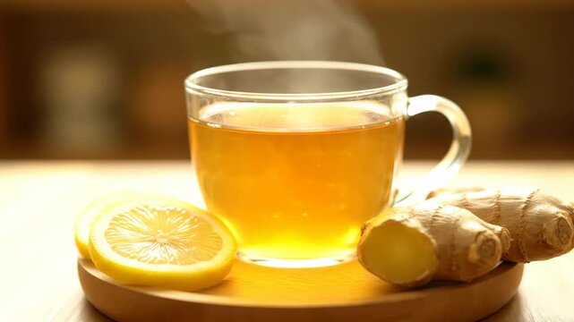 Hot Ginger and Lemon Tea - A clear glass cup of steaming ginger and lemon tea sits on a wooden surface with lemon slices and fresh ginger root beside it.