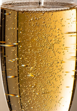 Golden champagne bubbles in glass, sparkling wine close up with carbonation, luxury celebratory drink for anniversary and holiday events