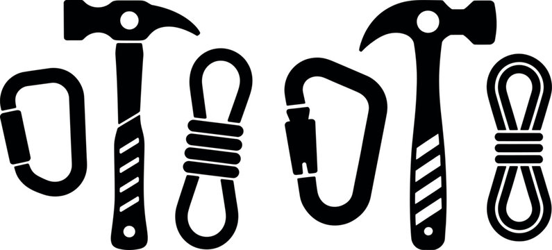 Rock climbing equipment set with hammer carabiner and rope coil vector silhouette illustration climbing equipment carabiner adventure mountain