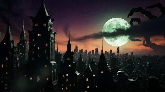 Halloween Dark City Panorama - This video shows a scary, isolated background of a dark city panorama in halloween style.