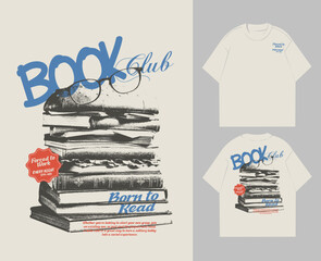 Naklejka premium Book Club Slogan With Book Burger vintage illustration. T-shirt Print Design. tee shirt template. Education graphic tee. 