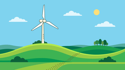 Obraz premium Windmill on Green Hills with Blue Sky Illustration for Sustainable Energy Use