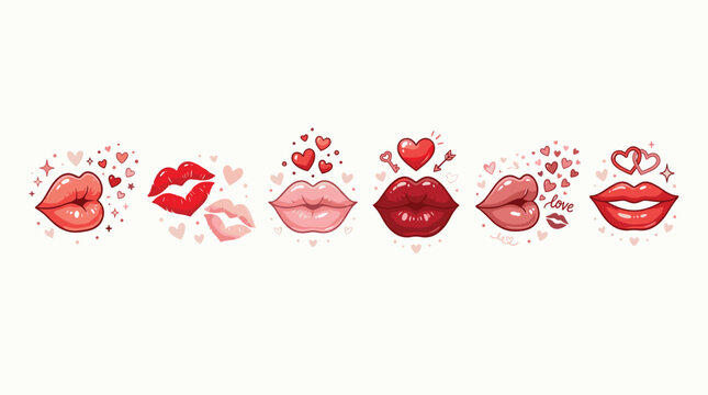 Cute Red and Pink Lips Icon Set with Hearts and Kiss Symbols for Valentine's Day, Love, Beauty, and Romantic Greeting Card Designs