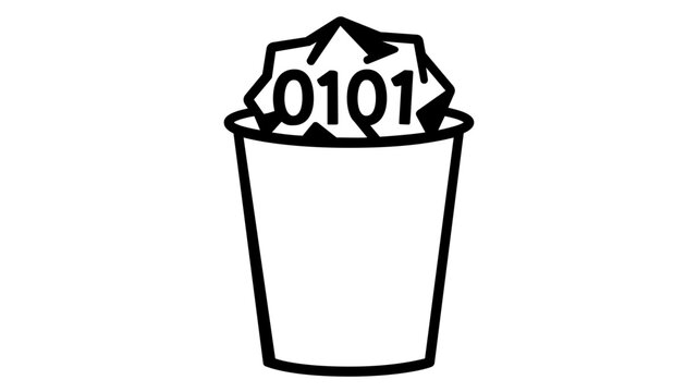 Modern plastic waste bin filled with crumpled binary code paper illustration, symbolizing big data cleaning, algorithm debugging, and information disposal process vector icon for technology.