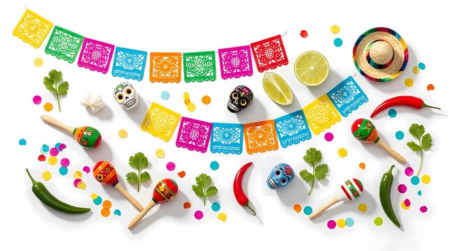 Colorful mexican fiesta decorations overhead view with maracas and food elements