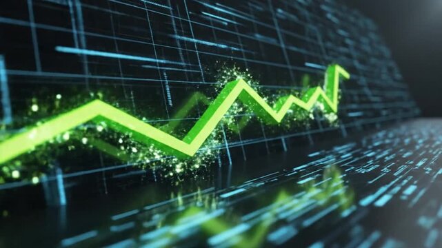 Green financial graph showing upward trend with glowing digital data streams and abstract background
