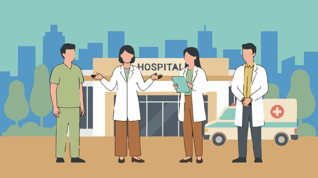Medical team of doctors and nurses standing in front of a hospital building