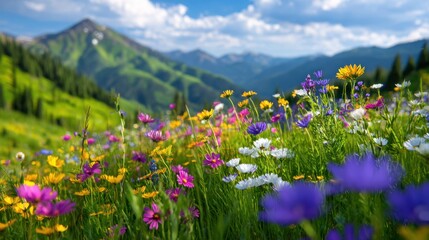 Obraz premium A vibrant landscape filled with colorful wildflowers under a blue sky and majestic mountains
