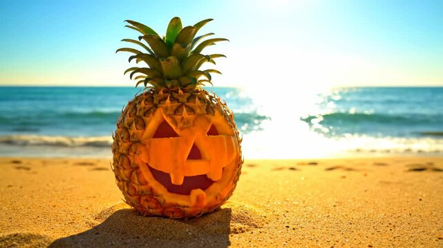 Tropical Pineapple Jack-o'-Lantern on the Beach - A creatively carved pineapple jack-o'-lantern sits on a sunny beach, offering a tropical twist to Halloween traditions.