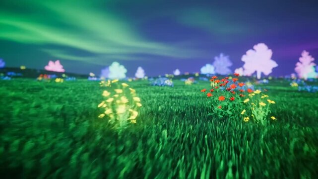 Neon Fantasy Meadow at Dusk - This video depicts a vibrant open field under a twilight sky, illuminated with neon colors.