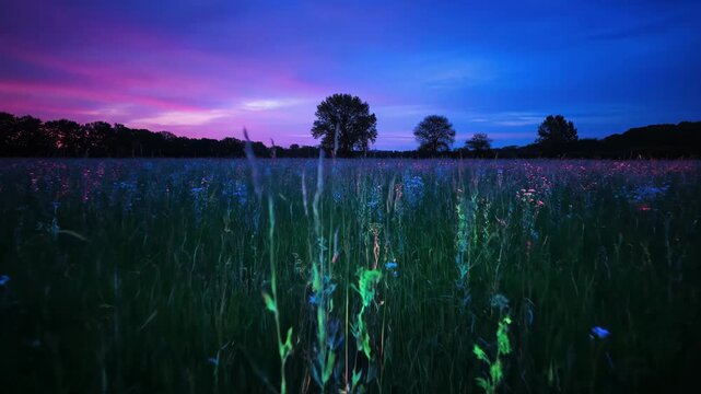 Neon-Illuminated Open Field at Dusk - A lush open field is bathed in neon colors as dusk falls, displaying a vibrant mix of deep blues and pinks.