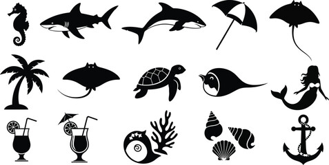 Marine life silhouettes fish seahorse mermaid and tropical elements © AhsanunNahar