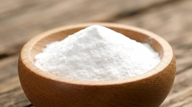 Zinc oxide powder in wooden bowl - Close up of fine white zinc oxide powder piled high inside a small wooden bowl. It can be used as a healthcare or medical supplement.