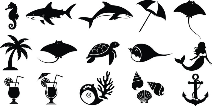 Marine life silhouettes fish seahorse mermaid and tropical elements