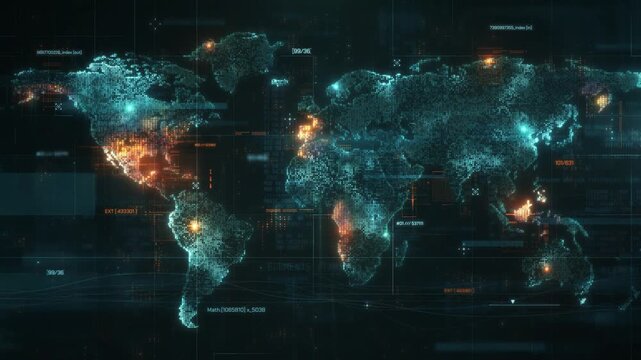 Futuristic Global Network HUD with Glowing World Map, Data Analytics, and Digital Connectivity Points