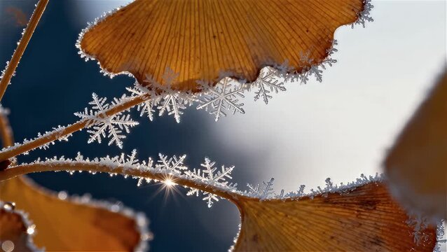 Frosty Snowflakes on Ginkgo Leaves at the Chinese Solar Term Hanlu