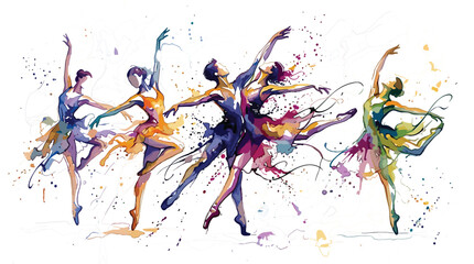  Vibrant Watercolor Ballet Dancers in Dynamic Poses with Colorful Paint Splashes for Performing Arts, Dance Studio, and Creative Designs   © Monirul
